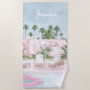Rosa und weißer Regenschirm am Pool Strandtuch