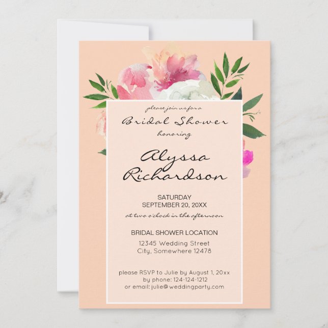 Rosa und weißes Brautparty mit Blumen - Rosa 2B Einladung (Vorderseite)