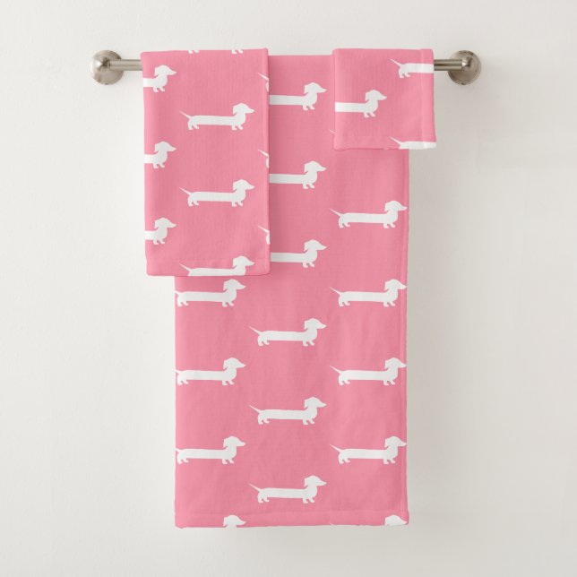 Rosa und weißes Dackel-Mädchen-Badezimmer Badhandtuch Set (Insitu)
