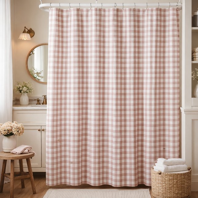 Rosa und weißes Gingham  Duschvorhang (A shower curtain with a pink and white gingham pattern.)