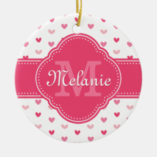 rosa und weißes Herzmuster mit Monogramm Keramik Ornament