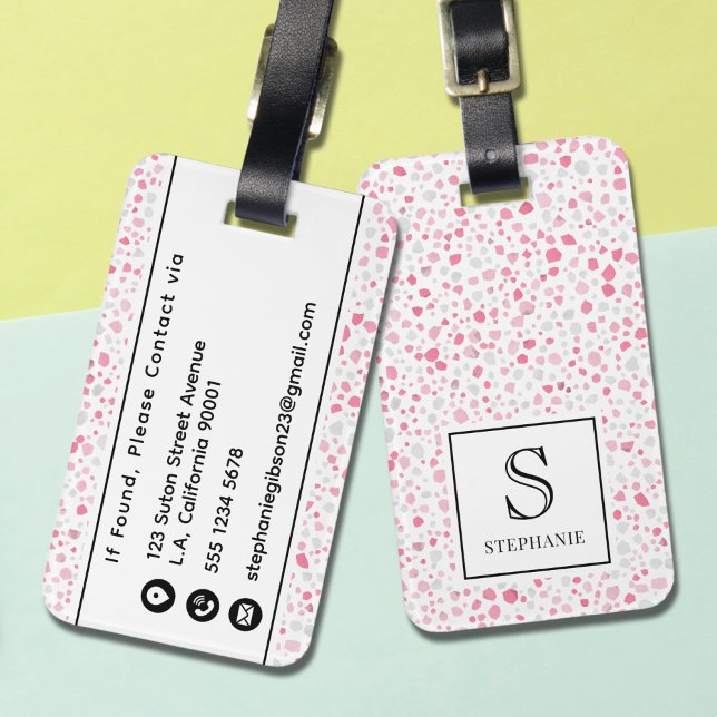 Rosa und weißes Terrazzo-Muster mit Monogramm  Gepäckanhänger (Von Creator hochgeladen)