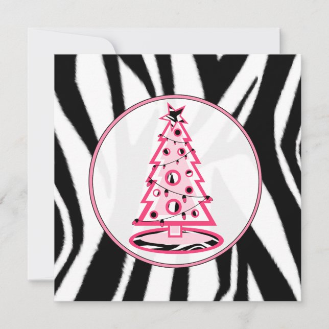 Rosa und Zebra-Druck-Weihnachtsbaum-Einladung Einladung (Vorderseite)