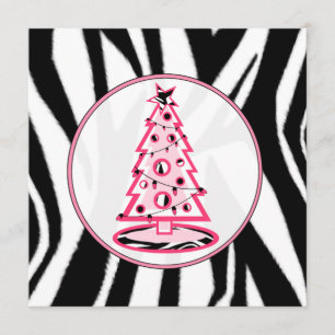 Rosa und Zebra-Druck-Weihnachtsbaum-Einladung Einladung