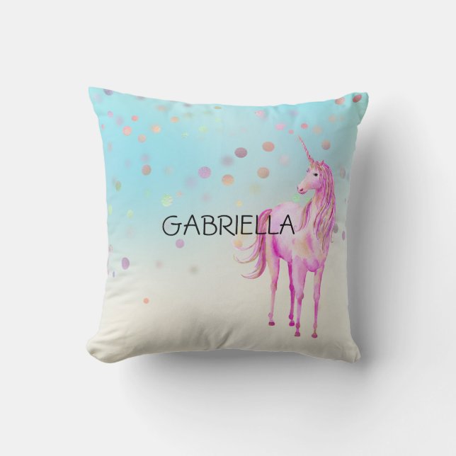 Rosa Unicorn Confetti Personalisierter Name Kissen (Vorderseite)