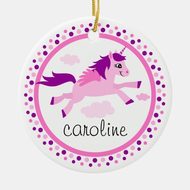 Rosa Unicorn mit personalisiertem Namen der Flügel Keramikornament (Vorne)