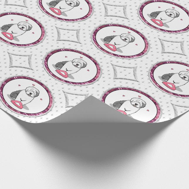 Rosa Valentine Alte englische Schafhunde Hund Grau Geschenkpapier (Ecke)