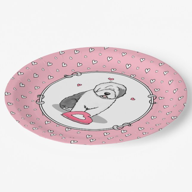 Rosa Valentine Alte englische Schafhunde Hund Grau Pappteller (Schrägansicht)
