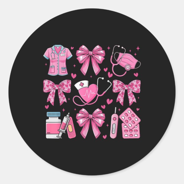 Rosa Valentine Nurse Coquette Bow Herz Stethoscop Runder Aufkleber (Vorderseite)