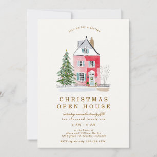 Rosa verspieltes Haus Weihnachts-Open-House-Party Einladung