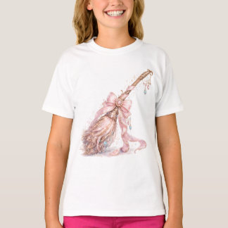 Rosa verzauberte Hexenbesen Mädchen T-Shirt