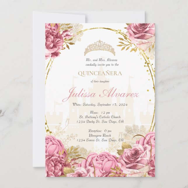 Rosa verzauberte Märchen Quinceanera Einladung (Vorderseite)