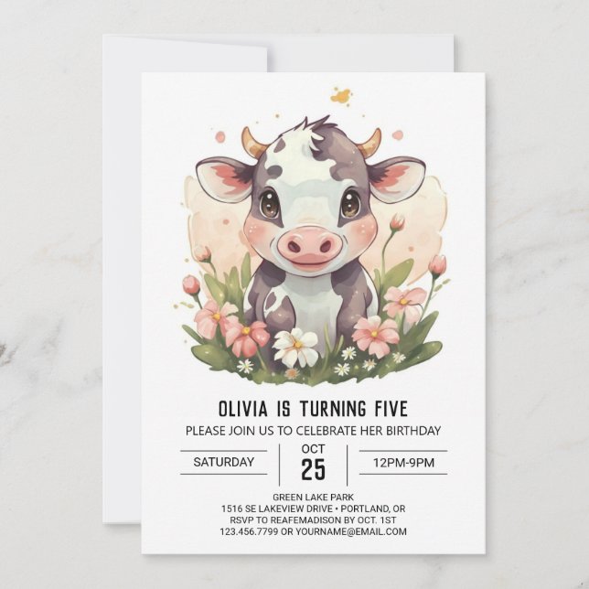 Rosa verzauberte Pastellkuh Geburtstag Einladung (Vorderseite)