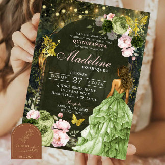 Rosa verzauberte Waldfrau Prinzessin Quinceanera Einladung