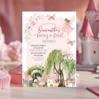Rosa verzauberter Wald Girl Fairy Erster Geburtsta Einladung