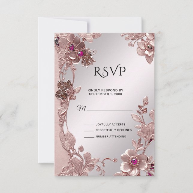 Rosa Verzierte florale RSVP Karte (Vorderseite)