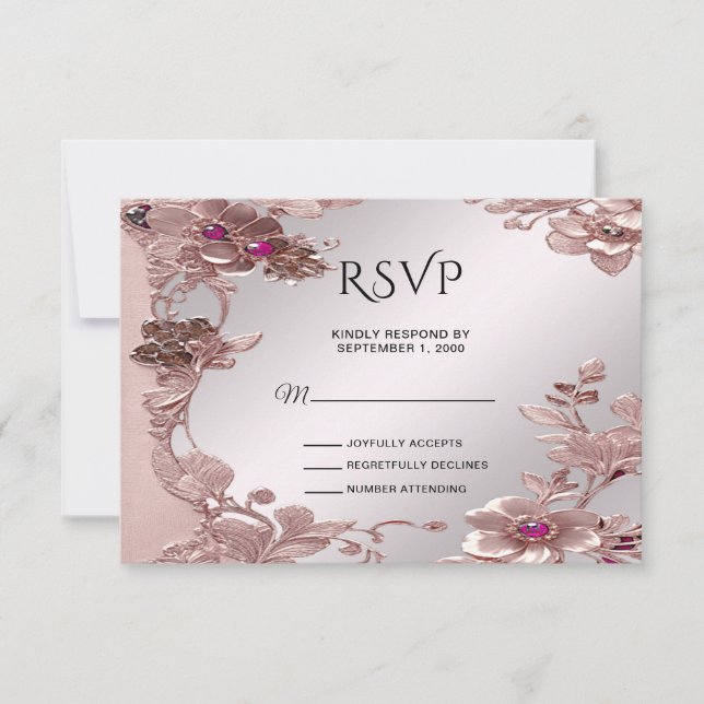 Rosa Verzierte florale RSVP Karte (Vorderseite)