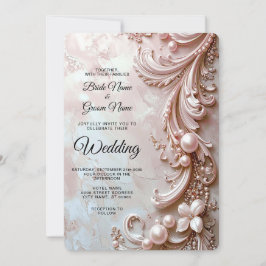 Rosa verzierte Perlen- und Blumenhochzeitseinladun Einladung