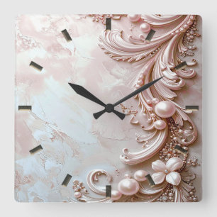 Rosa verzierte Perlen- und Blumenwanduhr Quadratische Wanduhr