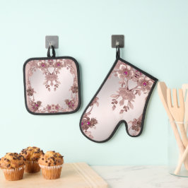 Rosa Verziertes Blumenofen Mitt & Pot Holding Set