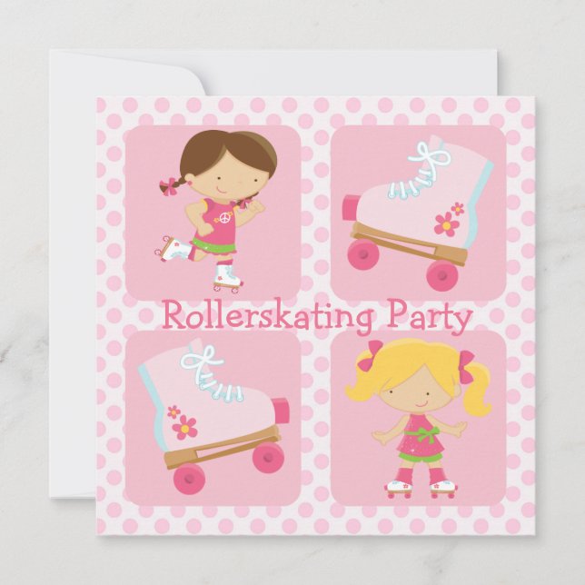 Rosa Vierquadratische Rollerskilaufen-Party Einlad Einladung (Vorderseite)