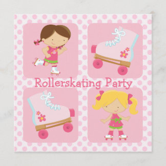Rosa Vierquadratische Rollerskilaufen-Party Einlad Einladung