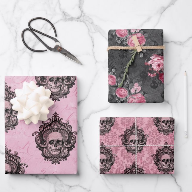 Rosa Viktorianisch gotischer Glam-Schädel und Dama Geschenkpapier Set (Vorderseite)
