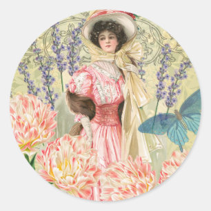 Rosa viktorianische Frau im Regency-Stil Runder Aufkleber