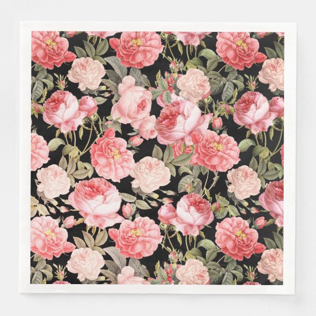 Rosa Viktorianische Rose auf schwarzem Muster Serviette (Vorderseite)