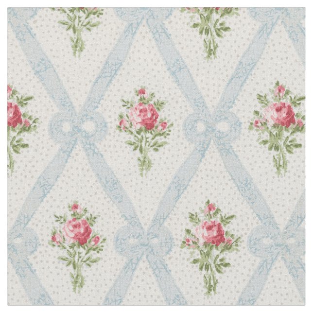 Rosa Viktorianische Rose mit blauem Flachbandgitte Stoff (Nahaufnahme)