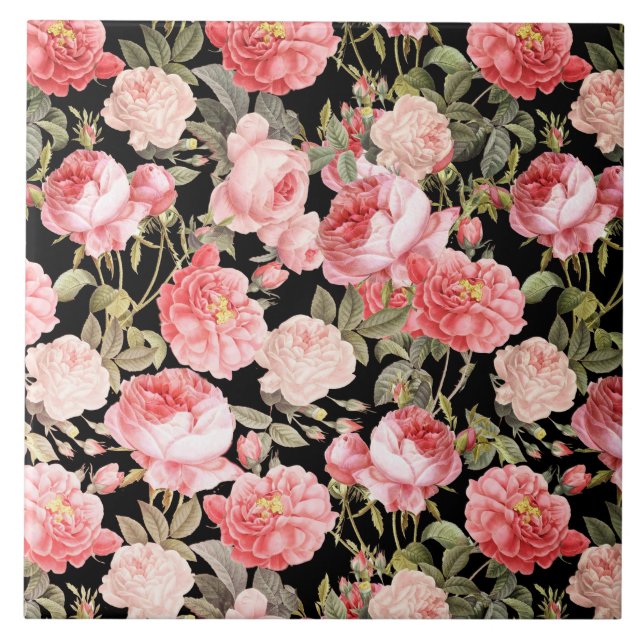 Rosa viktorianische Rosen auf schwarzem Muster Fliese (Vorderseite)
