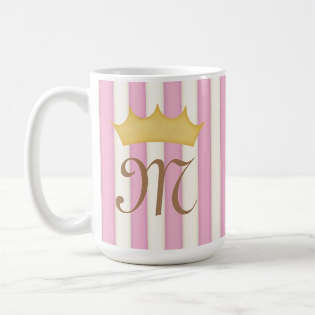 Rosa, Viktorianische Streifen, gekrönte Monogramm- Kaffeetasse (Links)