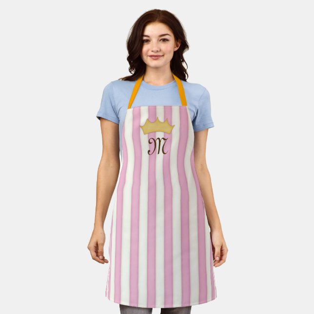 Rosa, Viktorianische Streifen, gekrönte Monogramm- Schürze (Getragen)