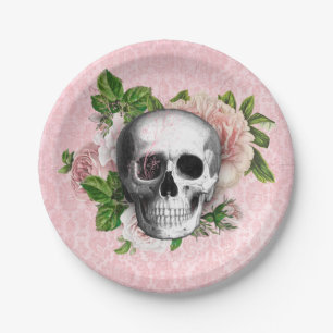 Rosa viktorianischer gotischer Totenkopf Halloween Pappteller