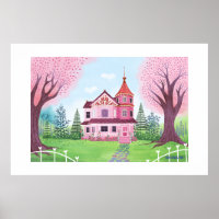 Rosa viktorianisches Haus großer Druck