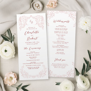Rosa Vintag Geblüht Monogramm-Hochzeitsprogramm Menükarte