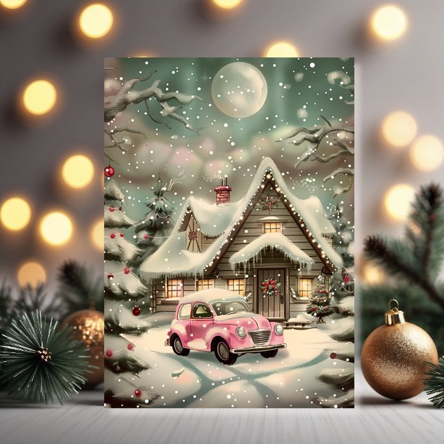 Rosa Vintage-Auto Winterwunderland Karte (Holiday joy in a winter wonderland with a full moon and cozy cottage glow)