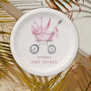 Rosa Vintage-Babykarre Baby Shower Pappteller