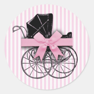 Rosa Vintage-Babykinderwagen mit Band Runder Aufkleber
