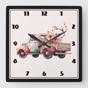 Rosa Vintage-Bauer-Lieferwagen Quadratische Wanduhr