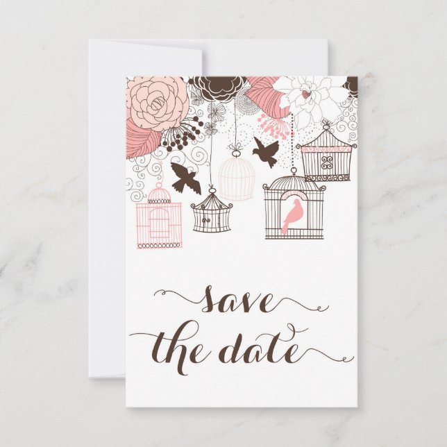 Rosa Vintage Birdcchés Save the Date florale (Vorderseite)