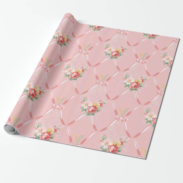 Rosa Vintage Blume auf rosa Ribbon Trellis Geschenkpapier (Ungerollt)