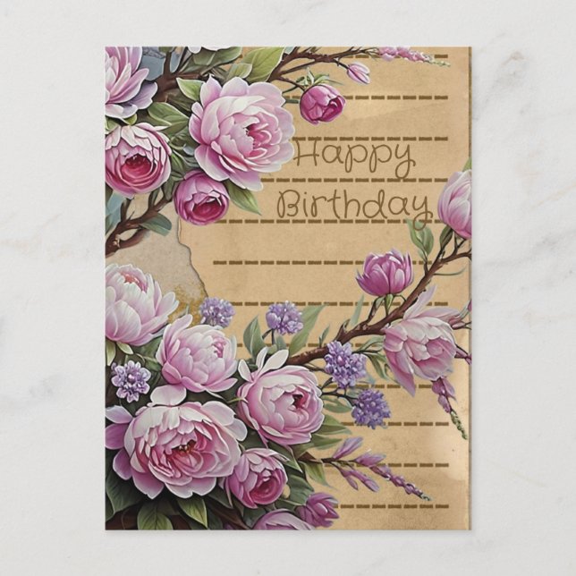 Rosa Vintage Blume Geburtstagskorb Postkarte (Vorderseite)
