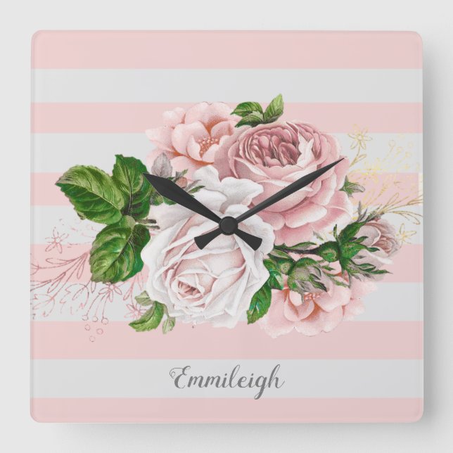 Rosa Vintage, blumengestreift Quadratische Wanduhr (Vorderseite)