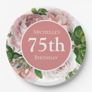 Rosa Vintage Blumengrün 75. Geburtstag Pappteller