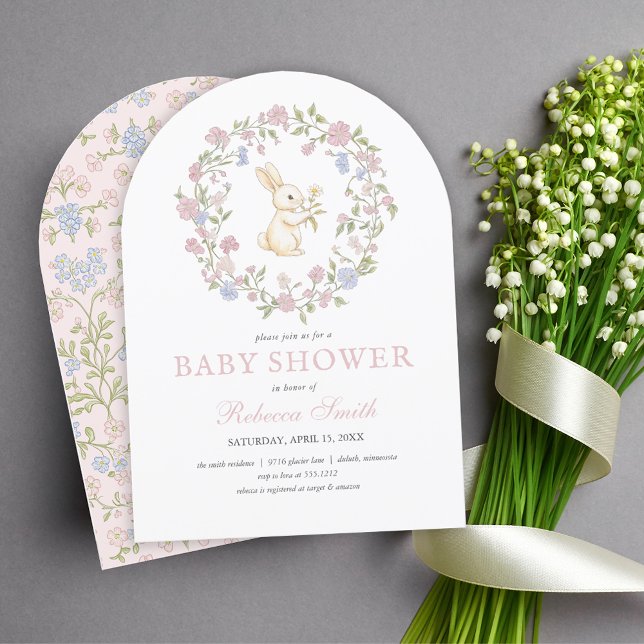 Rosa Vintage Blütendusche Einladung (Pink Delicate Vintage Floral Bunny Baby Shower Invitation)