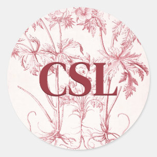 Rosa Vintage Botanische Art Monogram Runder Aufkleber