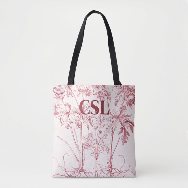 Rosa Vintage Botanische Art Monogram Tasche (Vorderseite)