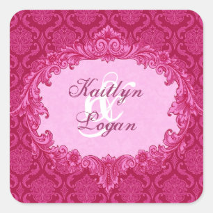 Rosa Vintage-Damask-Hochzeit C435 Quadratischer Aufkleber