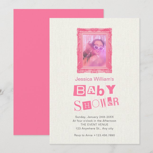 Rosa Vintage Foto Babydusche Einladung (Vorne/Hinten)